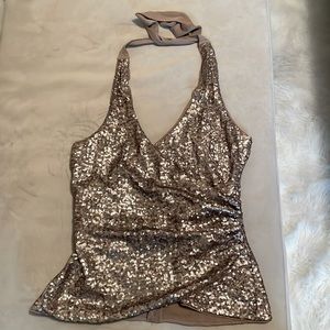 Bebe sequin tie halter top size small with zipper gold shimmer fitted